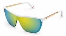 Load image into Gallery viewer, Fila Mens White Gold Rectangle Shield Plastic Wrap Sunglass, Gold Flash Lens SF9343 6VCA
