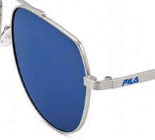 Load image into Gallery viewer, Fila Unisex Sunglasses Silver Metal Aviator , Blue Flash Lens SF1274. 579

